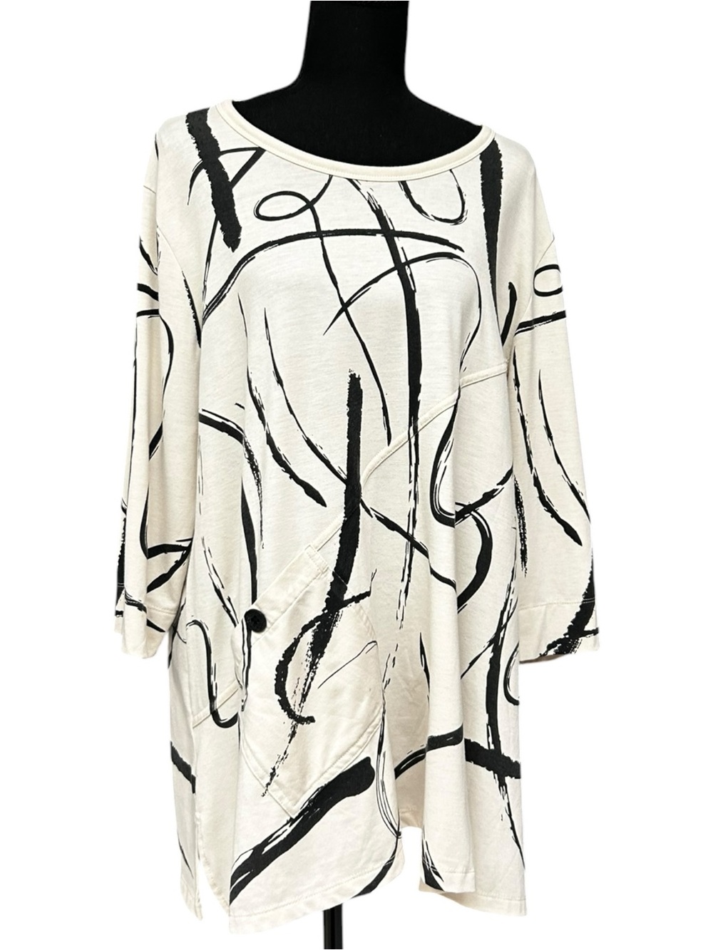 Seven Forty Two Ivory Black Abstract Print Tunic Top Large Brushstroke Print